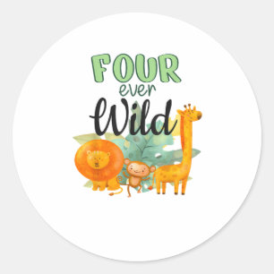 Vier Wilde Giraffe Apenleeuw Oerwoud 4e Geboorte Ronde Sticker