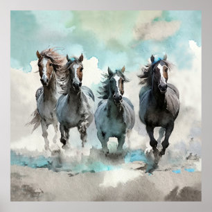Vier Wilde Mustangs Galopperen Over De Prairie Poster