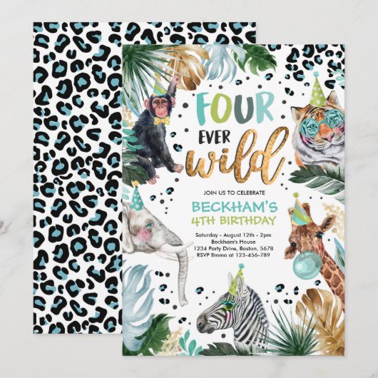 Vier Wilde Safari Dieren vierde Jongen Dag Kaart (Voorkant / Achterkant)