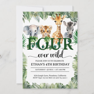 Vier Wilde Safari Jungle Dieren Kinderen Verjaarda Kaart