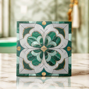 Vierbladige klaver - Groen Marmer en Parel Tegeltje