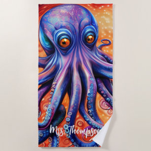 Vierce Blue Waterverf Octopus met Custom Strandlaken