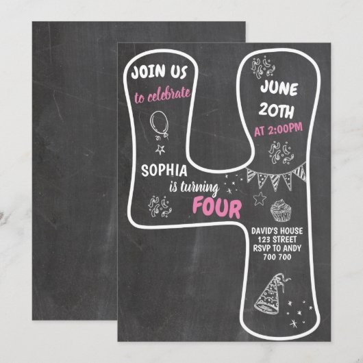 Vierde geboorte-meisje-alkbordroze nummer kaart (Voorkant / Achterkant)