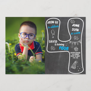 Vierde geboortecyalkbord voor jongen met foto-blau kaart