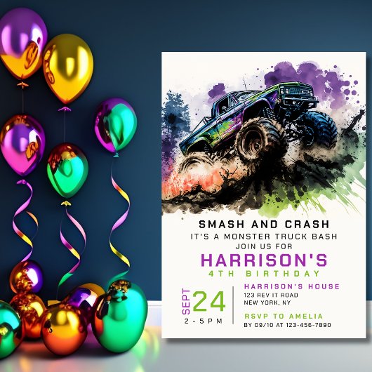 Vierde geboortedag monster Truck Smash Crash Kinde Kaart