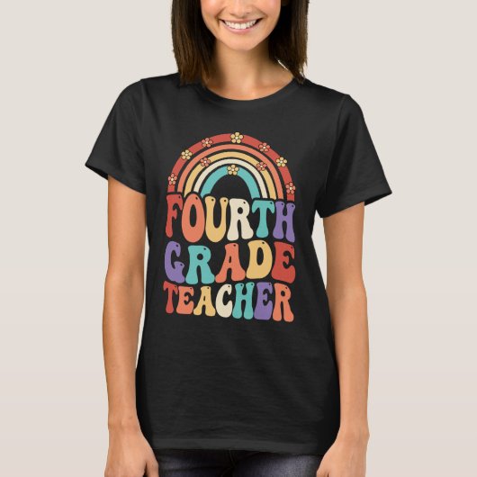 Vierde graad leraar Groovy regenboog terug naar sc T-shirt (Voorkant)