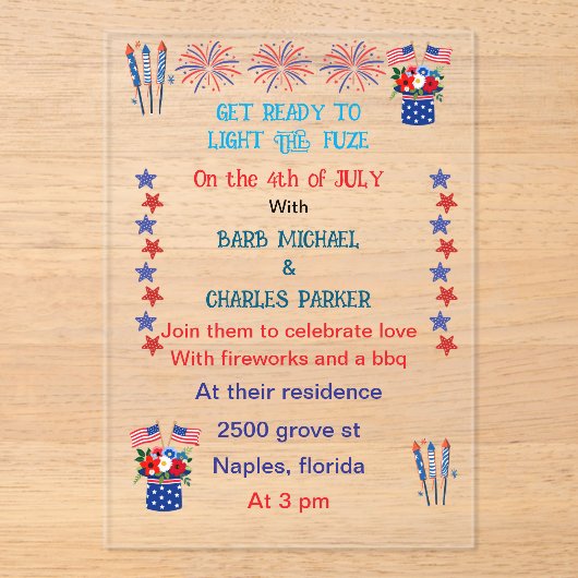 Vierde juli huwelijksuitnodiging vlag kleuren acryl uitnodigingen (Voorkant)