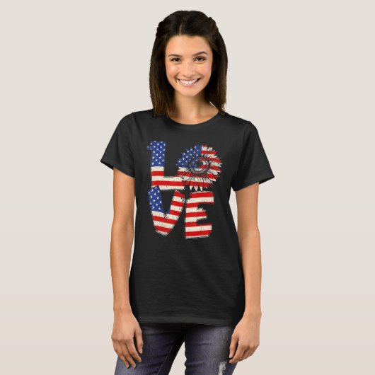 Vierde juli Love Sunflower Patriotic American Flag T-shirt (Voorkant volledig)