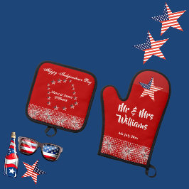Vierde juli Patriottische Mr. Mrs Modern Script Re Ovenwant & Pannenlap Set