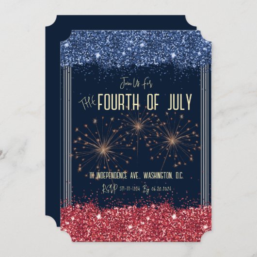 Vierde juli Uitnodiging Blue & Red Sparkle (Voorkant / Achterkant)