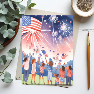 Vierde Juli-Vuurwerk   Waterverf VS Vlag Briefkaart