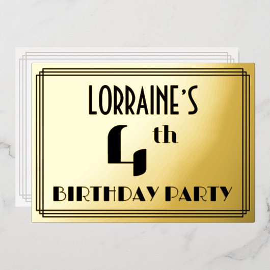 Vierde verjaardag: Art Deco Kijk "4" en naam Folie Uitnodiging (Voorkant / Achterkant)