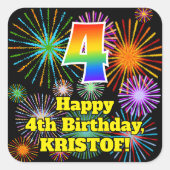 Vierde verjaardag: Fun Fireworks Kijk, regenboog # Vierkante Sticker (Voorkant)