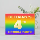 Vierde verjaardag: Fun, kleurrijk regenboogpatroon Folie Uitnodiging (Staand Voorkant)