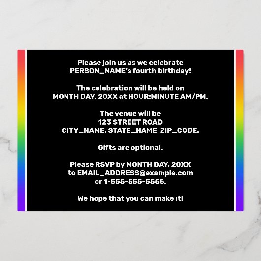 Vierde verjaardag: Fun, kleurrijk regenboogpatroon Folie Uitnodiging (Achterkant)