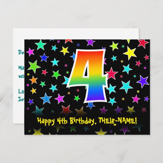 Vierde verjaardag: Fun Stars Pattern, Rainbow 4, n Briefkaart (Voorkant / Achterkant)