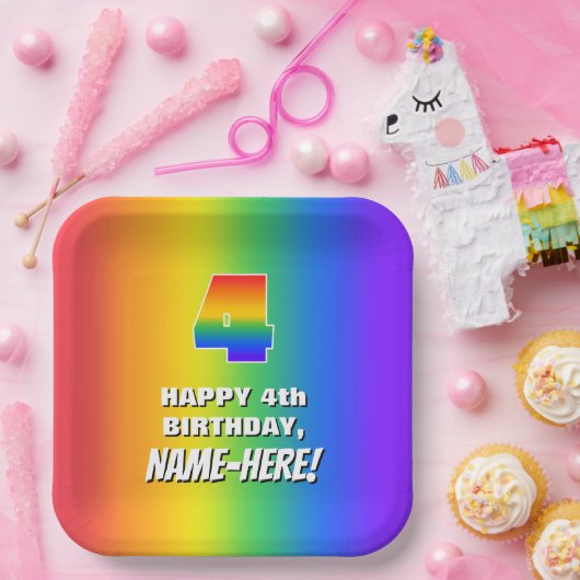 Vierde verjaardag: kleurrijk, vun regenboogpatroon papieren bordje (Feest)