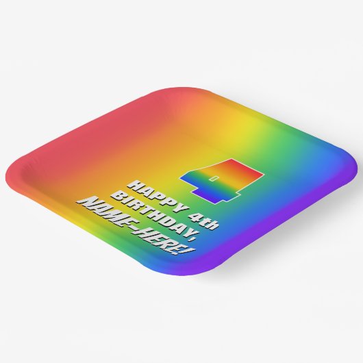 Vierde verjaardag: kleurrijk, vun regenboogpatroon papieren bordje (Gebogen)