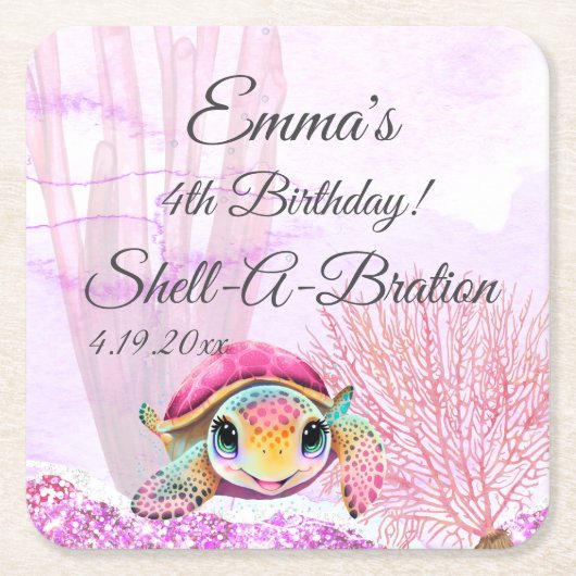 Vierde verjaardag, onder het Zee Vierkante Kartonnen Onderzetter (Voorkant)