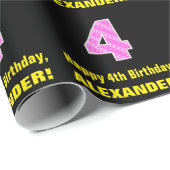 Vierde verjaardag: Roze strepen en hart "4" + naam Cadeaupapier (Rol Hoek)