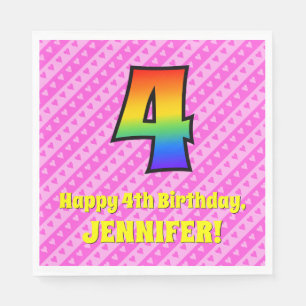 Vierde verjaardag: Roze strips & harten, regenboog Servet