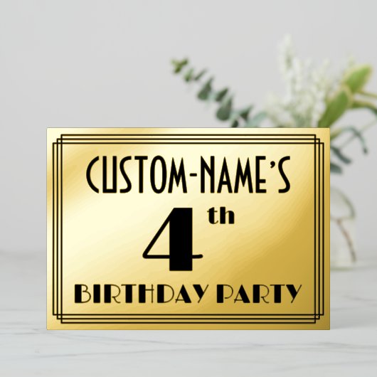 Vierde verjaardag van de geboorte — Art Deco Kijk Folie Uitnodiging (Staand Voorkant)