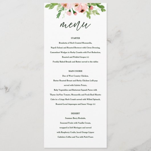 Vieren blush bloemenbruiloft menu (Voorkant)