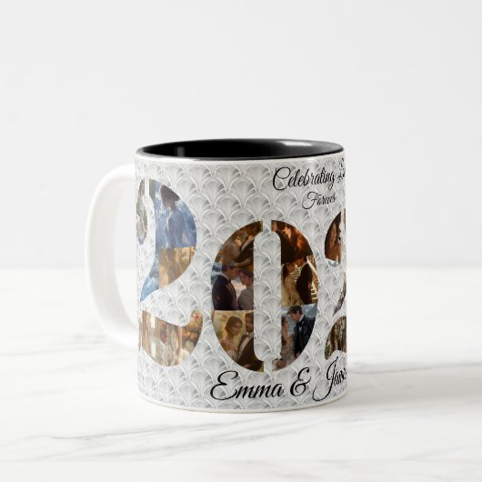 Vieren Liefde Bruiloft Jubileum Fotocollage Tweekleurige Koffiemok (Voorkant links)