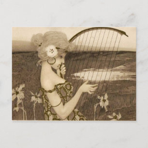 Vierge grecque vintage avec carte postale de harpe