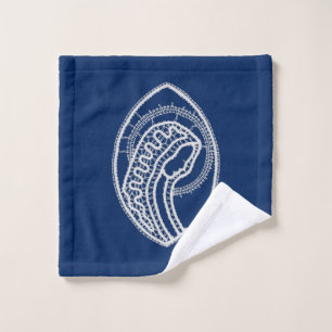 Vierge Marie, dentelle blanche, bleu marine