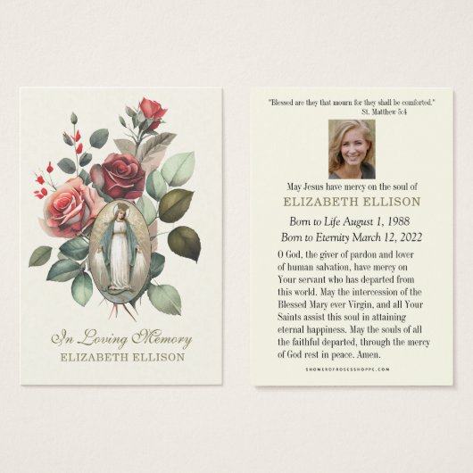 Vierge Marie Rose florale Prière funéraire (Devant & derrière)