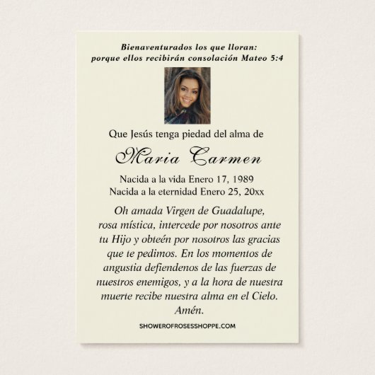 Vierge Noël Guadalupe Espagne prière funéraire (Dos)