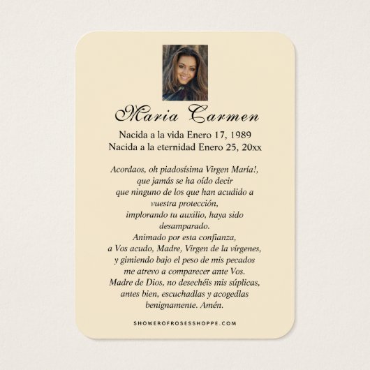 Vierge religieuse Marie Funérailles espagnoles Pri (Dos)