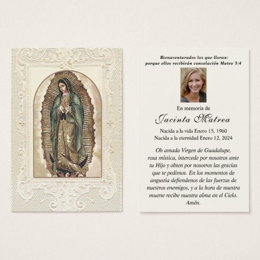 Vierge religieuse Marie Guadalupe Funérailles cath (Devant & derrière)