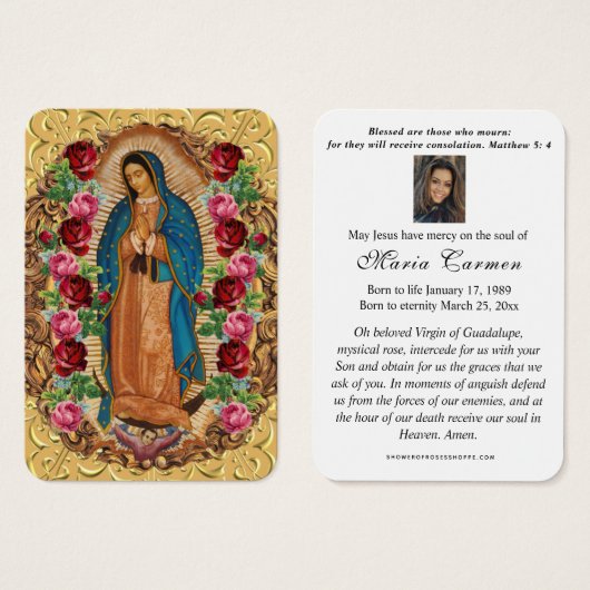 Vierge religieuse Marie Guadalupe Funérailles cath (Devant & derrière)