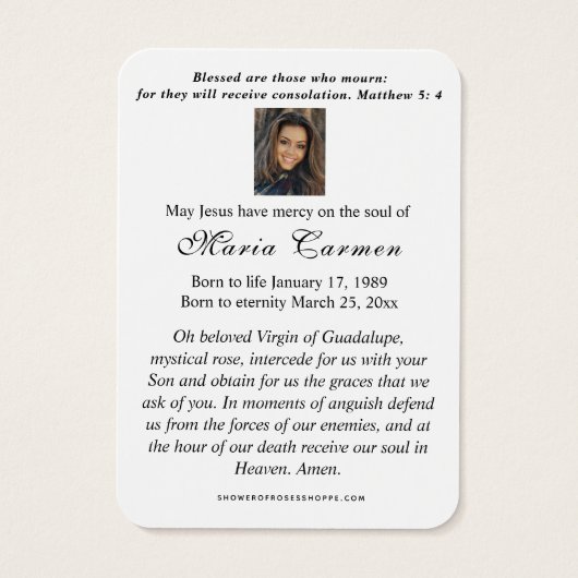 Vierge religieuse Marie Guadalupe Funérailles cath (Dos)