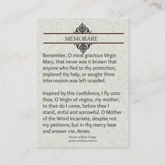 Vierge religieuse Marie Mémoriste Prière Carte Sai (Dos)