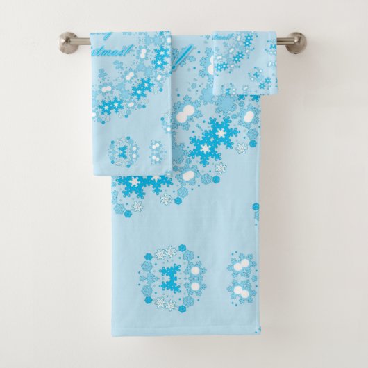 Vierige kersttekst rond lijst snowflake blauw met bad handdoek (Insitu)