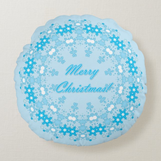 Vierige kersttekst rond lijst snowflake blauw met rond kussen (Voorkant)