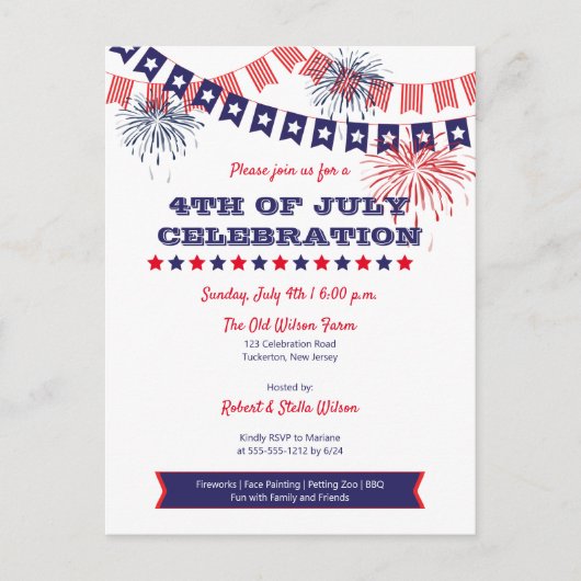 Viering van 4 juli vuurwerk | uitnodiging tot bunt (Voorkant)