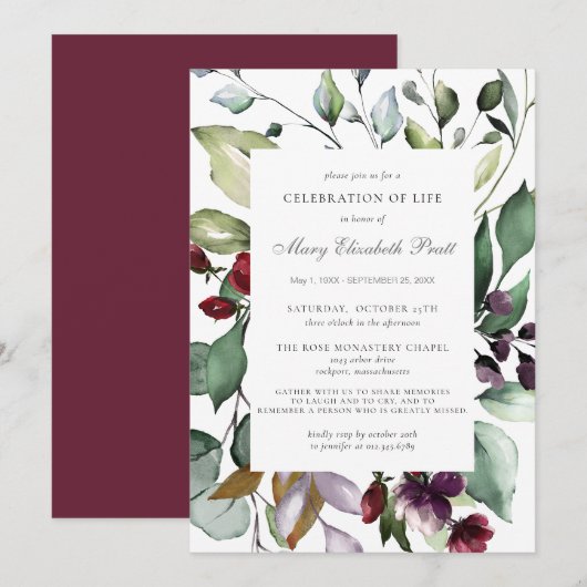 Viering van het leven Funeral Burgundy Red Botanic Kaart (Voorkant / Achterkant)