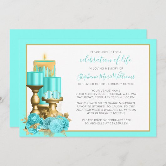 Viering van het leven Funeral Turquoise Candle Kaart (Voorkant / Achterkant)