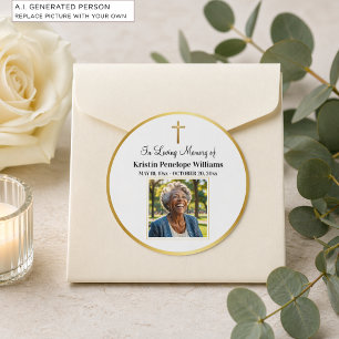 Viering Van Het Leven Gouden Kruis Foto Begrafenis Ronde Sticker