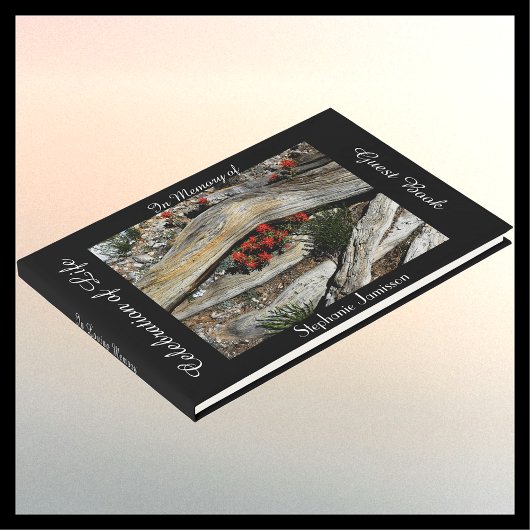 Viering van het leven, naam, rode bloemen en hout, gastenboek