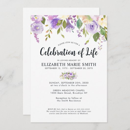 Viering van het leven Paarse Bloemen Begrafenis Me Kaart (Voorkant / Achterkant)