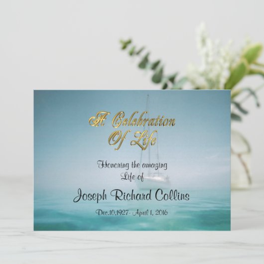 Viering van het leven Uitnodiging zeilboot (Staand voorkant)