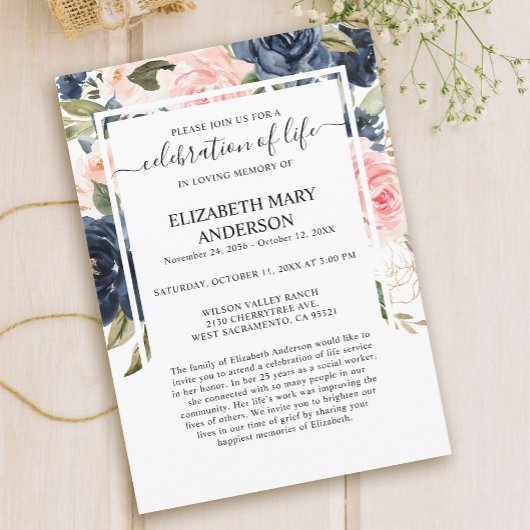 Viering van het Leven Uitvaart Memorial Pink Navy Kaart