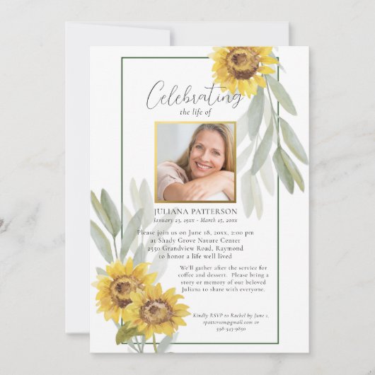 Viering van het leven Zonnebloemen Begrafenisfoto' Kaart (Voorkant)