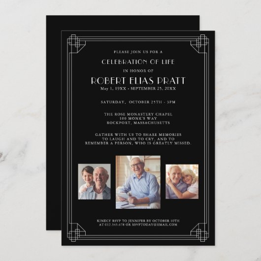 Viering van Life Black White 3 Fotouitnodiging Kaart (Voorkant / Achterkant)
