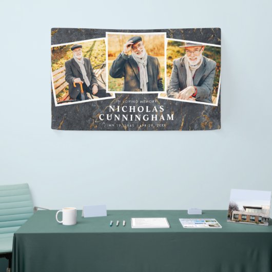 Viering van Life Modern Dark Marble Three Photo Spandoek (Beurs)